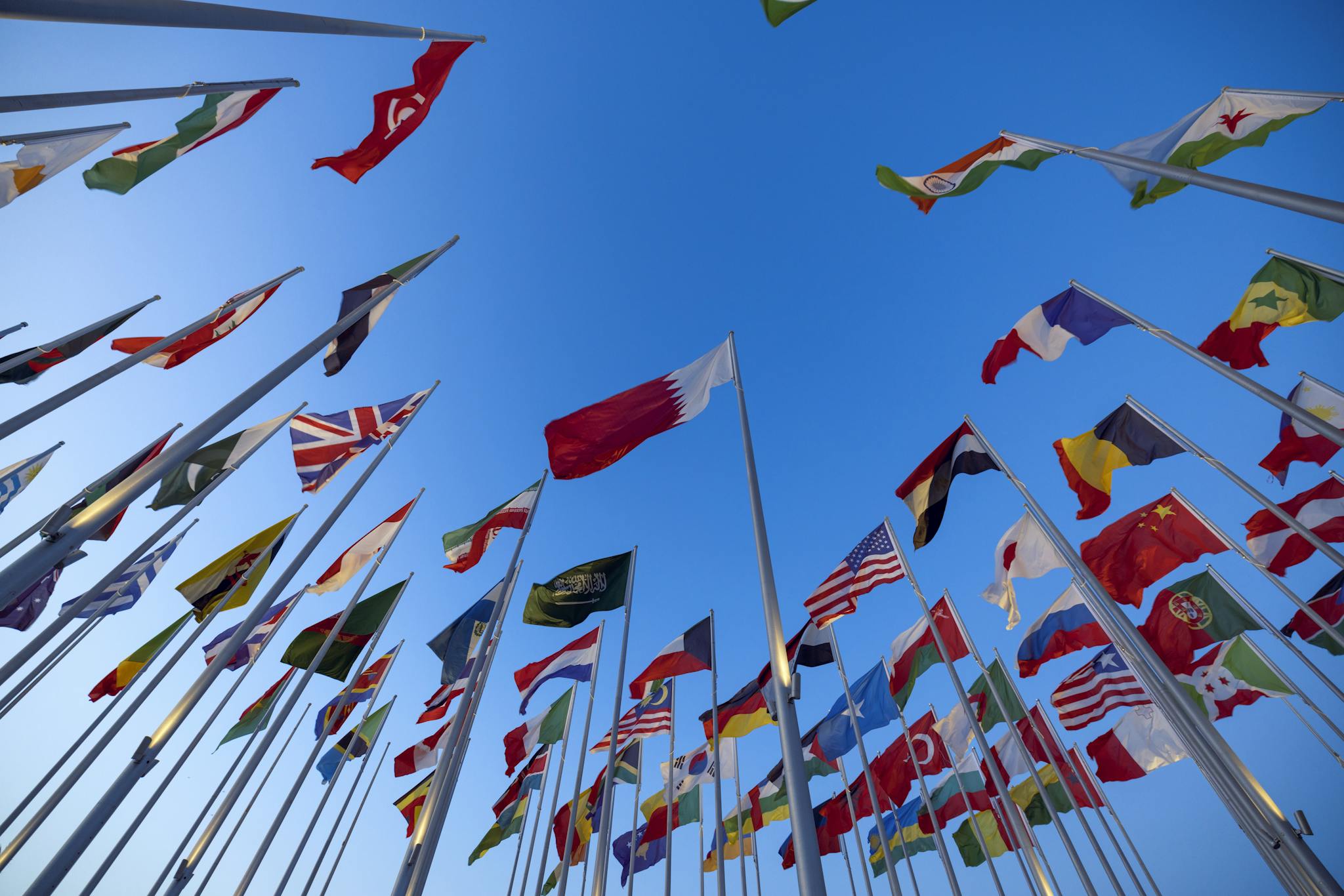 International flags waving against a clear blue sky in Doha, Qatar, symbolizing unity and diversity.